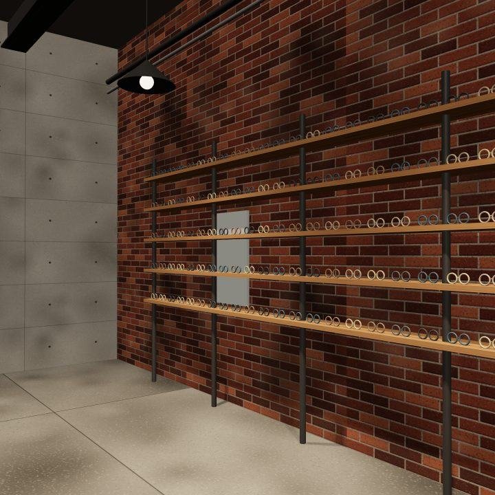 Render de ótica com expositores de parede em tijolo aparente