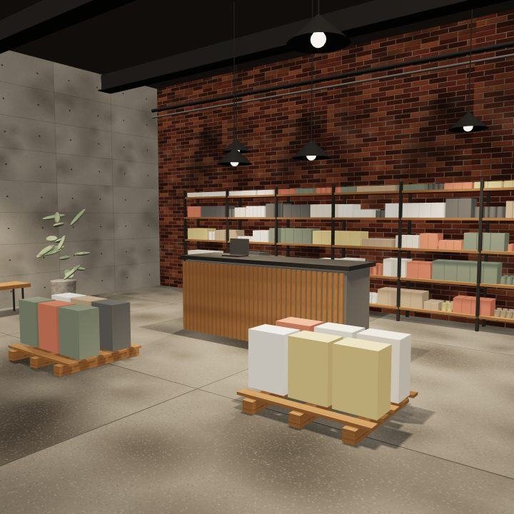 Render de loja de serviços com balcão de atendimento
